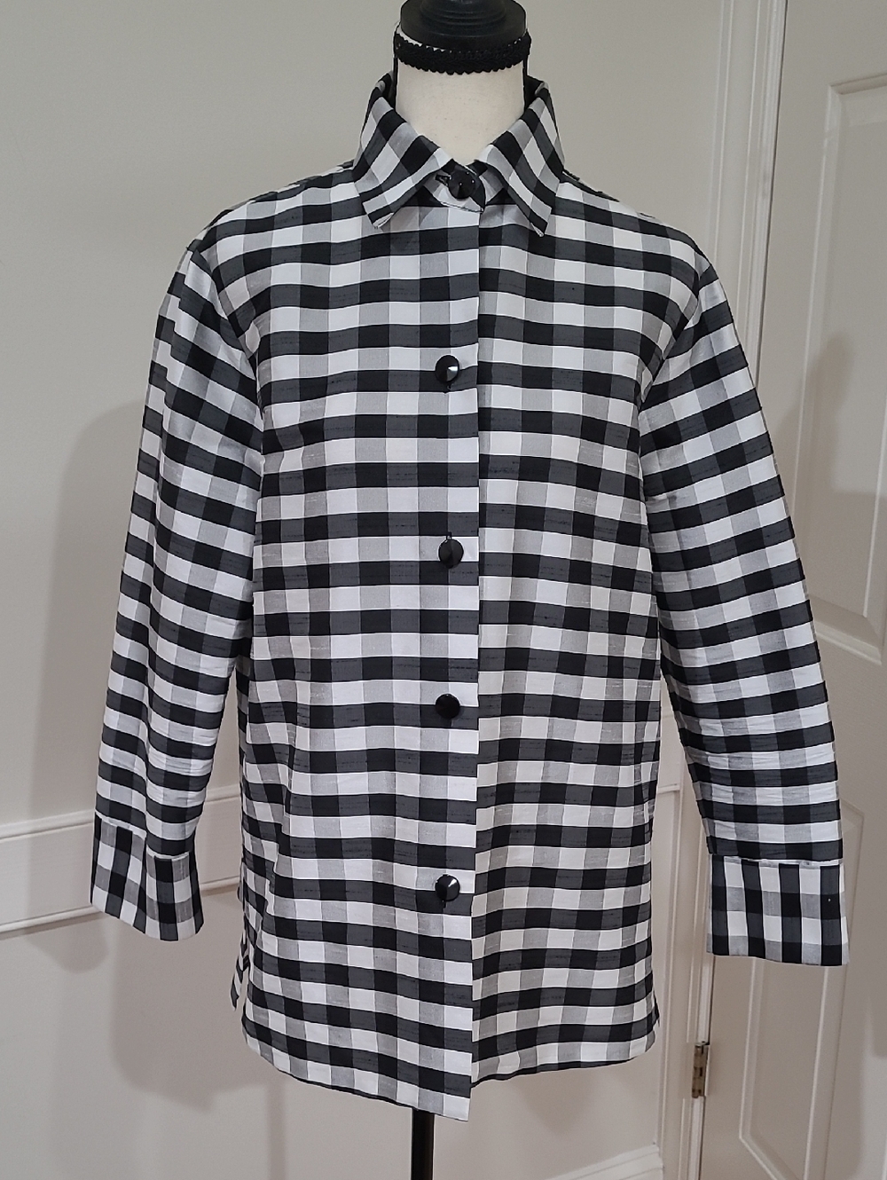 Emmelle Luxury Black & White Check Pattern 100% Silk Button Front Shirt - Size S
